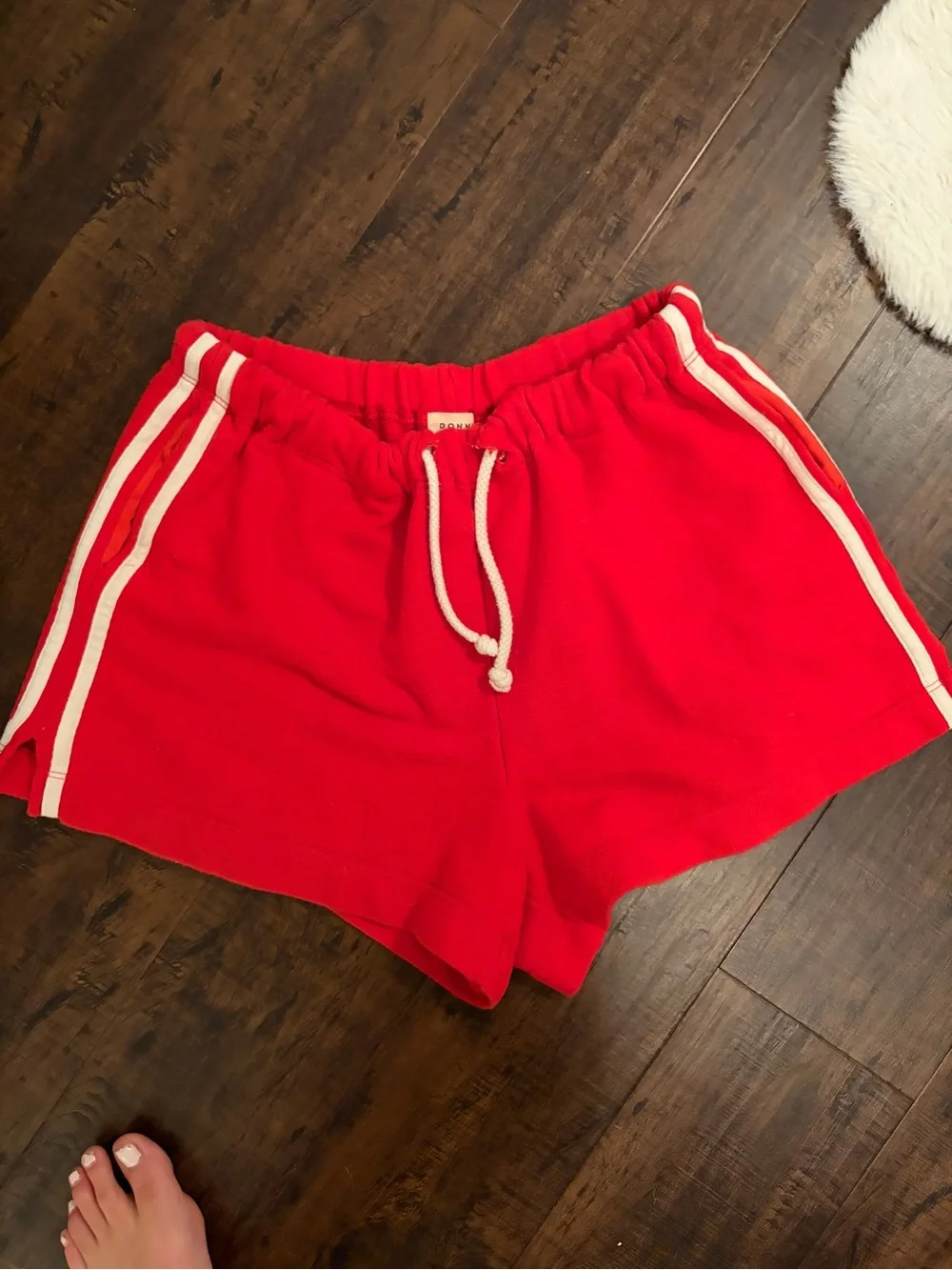 DONNI. Eco-Terry Striped Shorts in red bell pepper size small